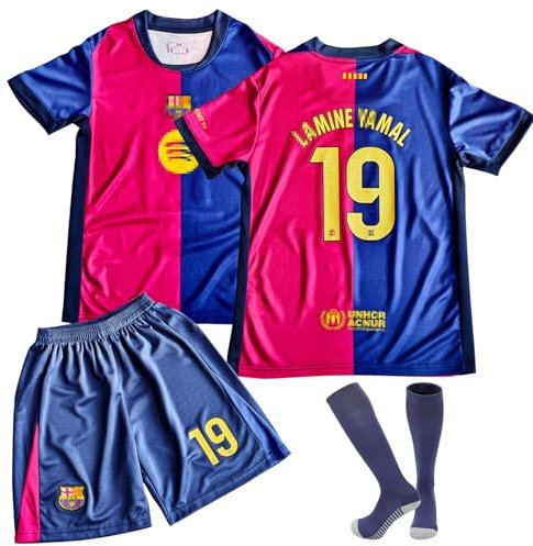 COQOYO Fussball Trikot Kinder Set, Barca-Heim Nr.19 Fußballtrikot für Jungen und Mädchen von 8-9 Jahre, Atmungsaktives Schnelltrocknendes Fußball Trainingstrikot mit Kurzarm Shorts Socken, Rot Blau