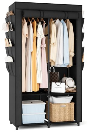 BrFoYu Portable Closet for Hanging Clothes, Portable Wardrobe Closet with Cover, 4 Storage Shelves, 2 Hanging Rods and 8 Side Pockets, Easy Assembly and Sturdy Free Standing Closet for Bedroom, Black