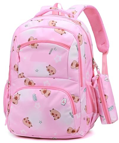 CYGMRFH Sac à Dos Fille Motif Capybara avec Trousse Scolaire Grande Capacité 3 Compartiments Poches Intérieures Bretelles Réglables Sac Oxford Étanche Enfant École Primaire Crèche Maternelle
