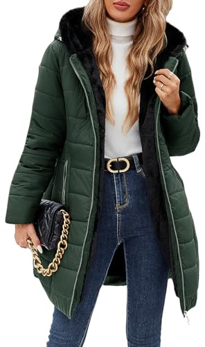 Yuson Girl Manteau Femme Longue Matelassé Polaire Doublé Manteau Hiver Veste Épais Chaud Parka Manteau Blouson Zippé à Capuche Hooded Coat Veste Imperméable Outercoat avec Poches(Vert armée, L)