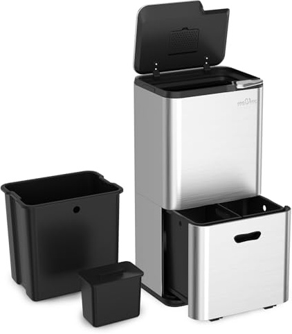 mVm Kitchen Bin,63L Triple Rubbish Bin,3 Compartment Stainless Steel Pedal Bin,Recycling Bin with Soft-Close Lids and Plastic Inner Buckets,Fingerprint Proof,Odour Seal,Large Capacity Trash Can
