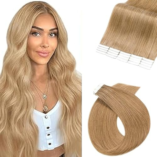 WuvuSnm Tape In Extensions Echthaar Human Hair Straight Invisible Extensions #27 Honey Blonde Color 18 Zolls 20 Pièces/50g Haarverlängerung Echthaar for Women Minimal Smell Low Shedding
