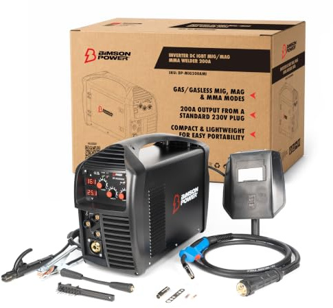 Bimson Power IGBT DC MMA MIG MAG 240V Inverter Welder - 200A | 3-in-1 Multi-Process, Gas & Gasless, Portable 230V/240V, Euro Torch, for DIY Workshop & Professional