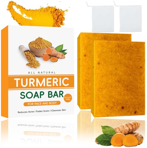 2PCS Turmeric Kojic Acid Soap Bar with Foaming Nets – Vitamin C Soap for Blackheads Remover, Moisturizing Brightening Face & Body Cleanser, Gentle Vegan Organic Soap Bar 200g (Turmeric)