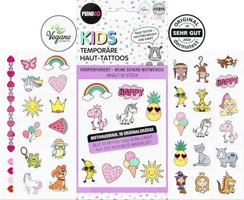 MINICO Premium Kinder Tattoo Set, dermatologisch getestet [dermatest® / Oktober 2024], temporär, perforiert, hautfreundlich, leicht entfernbar, für Mädchen u. Jungs, Jungen, 30 Motive