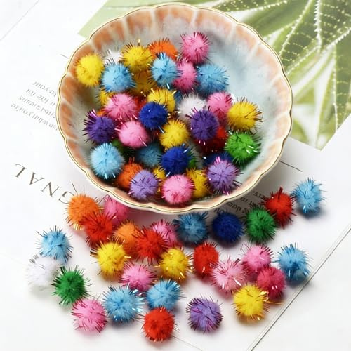 Gleemix Glitzer Mini Pompons zum Basteln, 200 Stk 1.5cm Bunt Wattebällchen Mini Pompoms, Glitzer Basteln Pom Poms Kit, Für Ostern Konfetti Kostüm Schultüten, Lustige Bastel & DIY Cat Toy Bälle