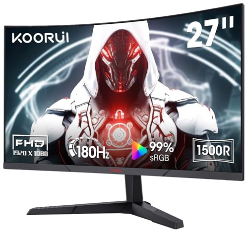 KOORUI 27 Inch Gaming Monitor, 180Hz Curved Monitor FHD 1080P VA 1ms 1500R | PC Monitors with Adaptive Sync, HDMI/DP, VESA Compatible, Tilt Adjustable, Eye Care 27E6CA