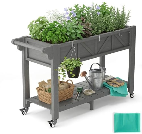 Hochbeet Balkon, WPC Pflanzkasten & Kräuterbeet mit Stauraum und Rollen, freistehender Pflanzkübel mit Folie, Wetterfest Pflanzbeet Blumenbeet für Gemüse Kräuter Blumen - Garten, Balkon und Terrasse