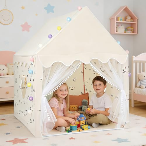Maxetodo Kids Play Tent with Metal Frame,Indoor Playhouse for Kids | Fits 2-3 Kids,Ages 3-7,Easy 10-Min Setup,LED Lights,Reading Nook,Bedroom & Playroom,Storage Bag Included