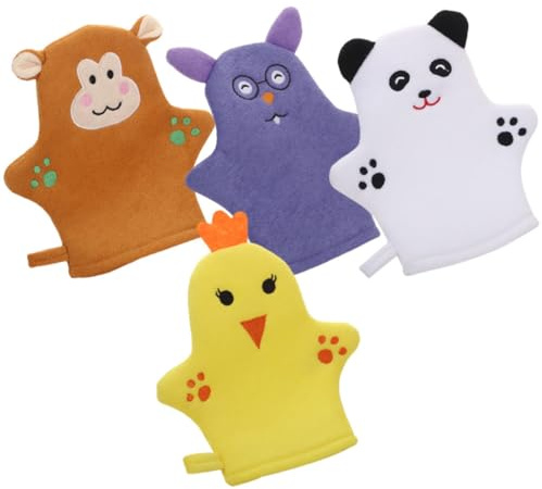 KOCKSHION Moufles de Bain pour Garçon et Filles 4 Pièces en Polyester Doux Nettoyage Profond et Massage Peau, Accessoires de Bain Mignons D'animaux pour Garçons et Filles