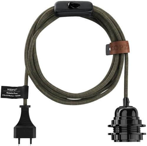 Hoopzi - Fil électrique en Tissu de 4,5M pour Éclairer Partout Chez Vous - Douille Ampoule E27 avec Interrupteur - Créez Votre Suspension Luminaire, Baladeuse, Lampe Suspendue - Bala Lin Khaki