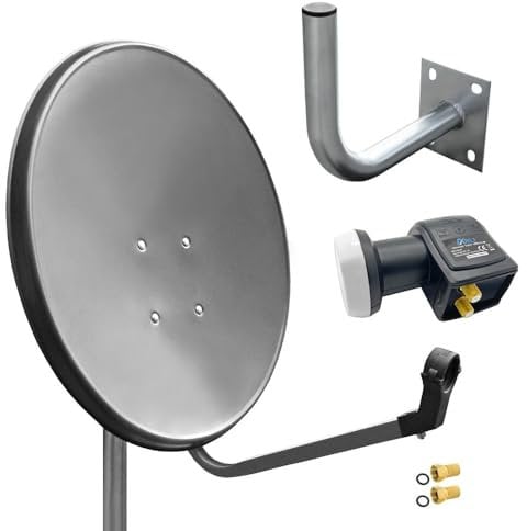 60cm HD Sat Anlage Twin LNB + Wandhalter 25 cm + 2 F-Stecker Digital 2 Teilnehmer Antenne grau UHD 4K