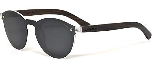 GOWOOD Lunettes de soleil femmes et hommes rondes en bois d'ébène avec verres une pièce noir polarisées