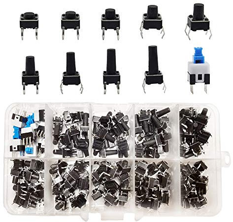 YIXISI 180 x Interruptor de Boton Momentaneo Tactil, uego de interruptores momentáneos de 4 pines con botón pulsador y caja de plástico (6 X 6, 7 X 7)