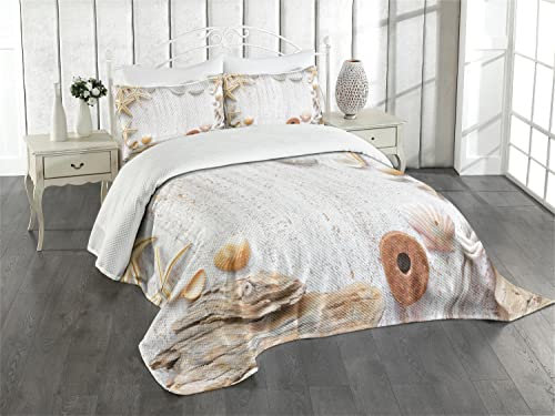 ABAKUHAUS maritim Tagesdecke Set, Ozean-Muscheln Seesterne, Set mit Kissenbezügen Waschbar, für Doppelbetten 264 x 220 cm, Mandel