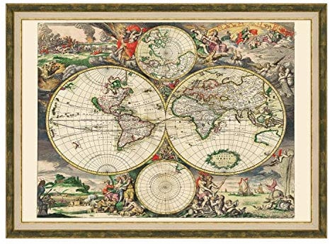 ConKrea Poster und Kunstdruck mit klassischem Rahmen – Antike Weltkarte (459) – 70 x 100 cm – Gold Blattgold grün und elfenbeinfarben