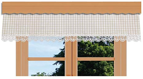 kollektion MT Querbehang Hannah mit Vogtländischer Spitze – hochwertige Landhaus-Gardine beige-weiß kariert | rustikaler Baumwollstoff Blickdicht | Volant mit Reihband Höhe x Breite 30 x 150 cm