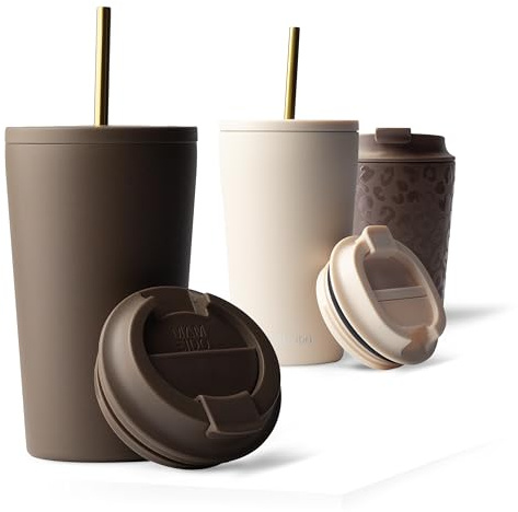 MAMEIDO Thermobecher mit Strohhalm 470 ml (Roasted Coconut) | 4h heiß/12h kalt, auslaufsicher & BPA-frei mit Strohhalm- & Klappdeckel, Kaffeebecher to go aus Edelstahl – für Autohalter