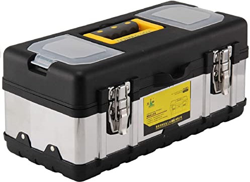 Youyijia Tool box Heavy-Duty Large Tool Box Organiser Stainless Steel Toolbox Storage with Tray and Latch (17 INCH)