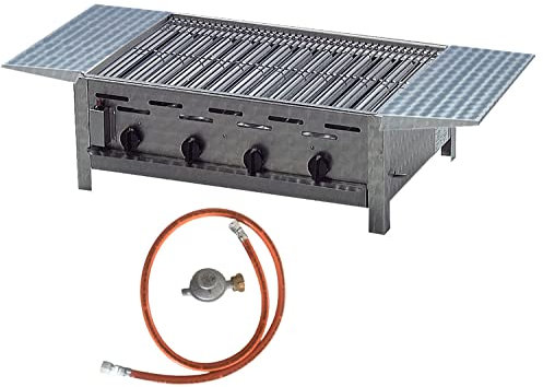 BSR-Grillen 4-flammiger Profi Gasgrill aus Edelstahl, stufenlos regelbar, Gasbräter, Gastrogrill, Gastrobräter mit Gasschlauch und Druckminderer (18,0 kW | Edelstahl Grillrost + Ablagen)