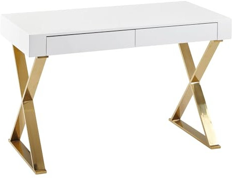 Wohnling Schreibtisch 118x76x57 cm Holz Hochglanz Weiß Metallbeine Golden, Design Computertisch PC-Tisch Bürotisch Modern, Konsolentisch Schubladen