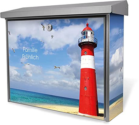 banjado® Burgwächter Briefkasten Edelstahl 38,5x31,5x12cm mit Motiv Leuchtturm Westkapelle/Briefkasten Edelstahl ohne Zeitungsfach/Briefkasten grau/Postkasten inkl. Montagematerial & 2 Schlüsseln