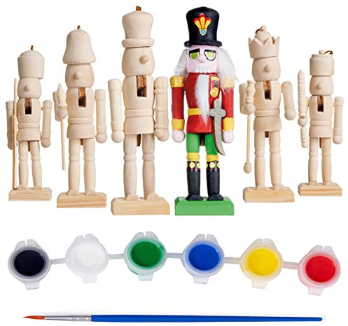 THE TWIDDLERS 6 Weihnachten Nussknacker aus Holz zum Selber Bemalen, 13cm - Malen Sie Ihr eigenes Soldatenset mit Aufklebern, Basteln Christbaumschmuck Hängende Deko - Farben Inklusive