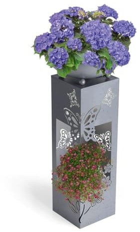 Hoberg LED Pflanzsäule 3D Schmetterling-Design in Beton-Optik | Abnehmbare Pflanzschale (Ø 34cm) In- und Outdoor geeignet | Integrierte Beleuchtung, 6h Timer, kabellos [19 x 19 x 72 cm]