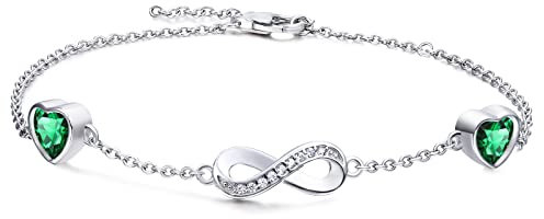 Qings Sterling Silber Infinity Armband Damen Unendlichkeit Liebes Herz Armbänder mit Diopsid Smaragd Zirkonia Kristallen Verstellbar Armkette Muttertag Weihnachten Geschenk für Mama Mädchen Frauen