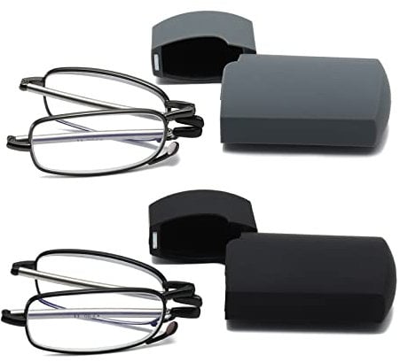 Hubeye 2 Paar Faltbare Lesebrille Mini Tragbare Lesehilfe aus Edelstahl mit Hartschalen-Etui Anti-Blau Sehhilfe für Herren und Damen 1.50