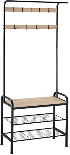 TecTake® Porte manteau avec 2 Étagères, Banc, 9 patère accroche-sacs, Meuble de rangement chaussure Design industriel 73,5x36x184cm Vestiaire d'entrée Meuble couloir - Bois clair Chêne Sonoma