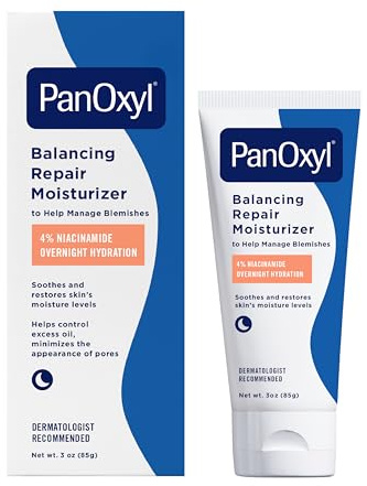 PanOxyl PM Balancing Repair Moisturizer with Niacinamide, Ceramides and Cica, Hydrating Face Moisturizer, Acne Prone Skin and Dry Skin, Non-Comedogenic Night Face Moisturizer, 3 oz