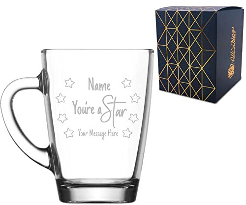 Personalised Engraved Glass Coffee Hot Drinks Tea Mug with You're A Star Design, Personalise with Any Message, Gift Box Included, Laser Engraved, Thank You Gratitude Retirement Teacher Gift