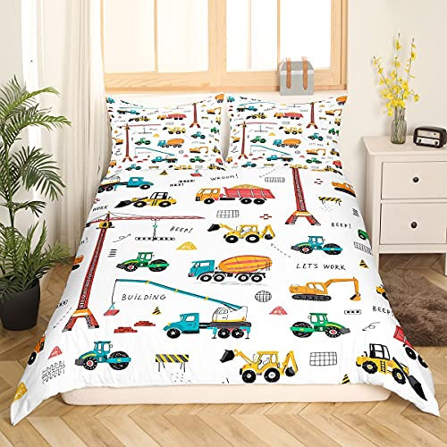 Loussiesd Schwere Maschinerie LKW Bettwäsche Set Traktor Kran Bettwäsche Kinder Jungen Mädchen Baustelle Bettbezug Jugend Teens Kinderzimmer Dekor Bettwäsche Set 155x220cm Karikatur Auto 2St