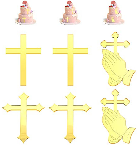 6 Stück Kreuz-Kuchenaufsätze, goldenes Spiegelkreuz, Gebetskreuz, Cupcake-Zubehör, Acryl-Dekoration, für Kindertaufe, Feier-Dekoration, Mottoparty