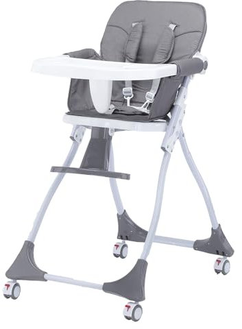 Baby-Hochstuhl | Kinderstuhl | Hochstuhl | Klappbar | Rollbar | Mit Tablett | Abwaschbarer Bezug | Grau