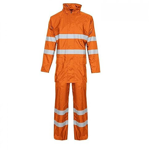 Atomic Workwear Hi-Vis Rain Suit High Visibility Waterproof Jacket and Trouser Set with pack away hood, storm cuffs and adjustable ankle to keep out the elements. (Orange, Medium)