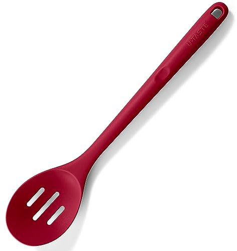 U-Taste 33,9 cm extra langer Silikon Löffel, 315℃ Hitzebeständiger BPA-freier geschlitzter Kochlöffel, antihaftbeschichteter nahtloser Servierlöffel zum Mischen Rühren Schöpfen Abtropfen (Rot)