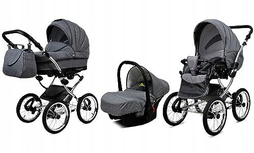 BabyLux® Kinderwagen Set 3 in 1 - Margaret Exclusive - incl. Babywanne, Buggy Sportsitz, Auto-Babyschale - Autositz - Kinderwagenset - Kombikinderwagen mit Wickeltasche, Regenschutz usw.