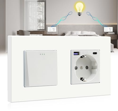 BSEED Interruptor de luz con Enchufe USB/tipo C de carga rápida de 20W,Interruptor de botón de 1 Gang 2 Vías con enchufe Schuko empotrado,Interruptor de cambio con enchufe con marco de PC,Blanco