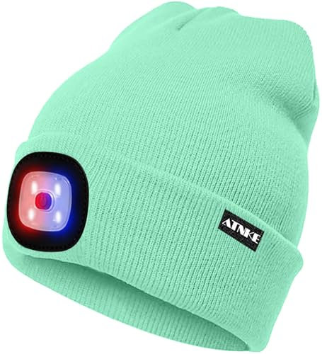 ATNKE LED Beleuchtete Mütze,Wiederaufladbare USB 4 LED Rot und Blau Leuchten Blinkender Laufmütze mit Licht Extrem Heller Lampe Winter Warme für Herren und Damen Geschenke/Fruit Green