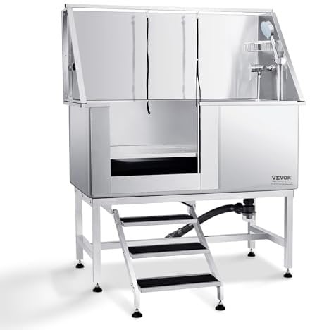 VEVOR 1.27M Pet Dog Bathing Station w/Stairs, Professional Stainless Steel Dog Grooming Tub w/Soap Box, Faucet,Rich Accessory, Dog Bathtub for Large,Medium,Small Pets, Washing Sink for Home Left