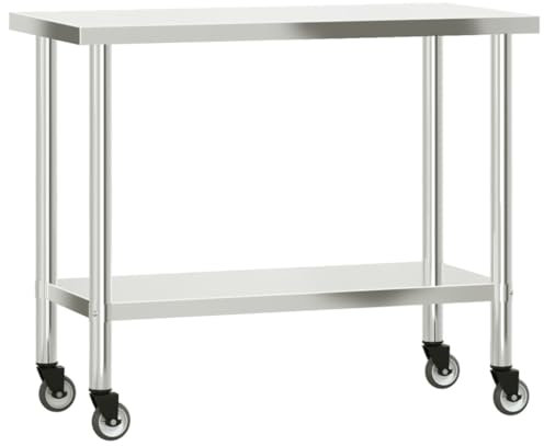 vidaXL Mesa de Trabajo de Cocina con Ruedas, Banco de Preparación de Alimentos, Encimera de Catering, Mesa para Restaurante Escuela, Acero INOX