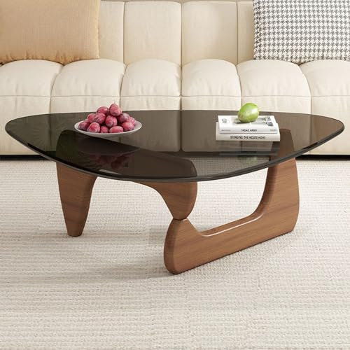 Couchtisch aus Glas Dreieckiger, Vintage-Beistelltisch aus schwarzem Glas, Tischplatte aus massivem Holz, moderner Beistelltisch für Wohnzimmer,Walnut Legs+b,83×57×40cm