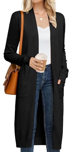 GRACE KARIN Women's 2025 Trendy Long Cardigans Sweater Lightweight Open Front Long Sleeve Maxi Duster Coats with Pockets, Black, M