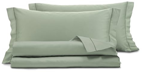 Smart Deco Home Completo letto lenzuola in raso di puro cotone Made in Italy con elegante ricamo MATRIMONIALE VERDE SALVIA