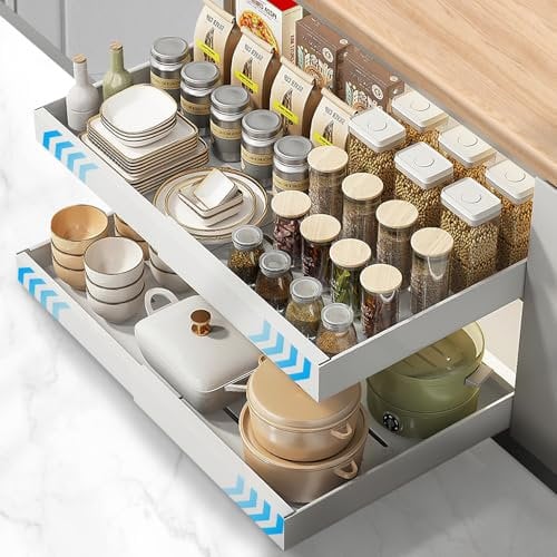 Bearrerp 2pc Teleskopschublade,Kohlenstoffstahl Ausziehbarer Schrank Organizer,Verstellbare Schubladenbreite 32–52 cm,Ausziehbare Schubladen im Küchenschrank,Kein Bohren,Nageln Erforderlich(Weiß)