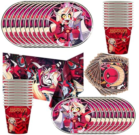 Hell's Inn Cartoon Theme Partyware， 61 Piezas, Platos, Vasos de Papel, Servilletas Y Mantel， Puede Satisfacer las Necesidades de 20 Niños.