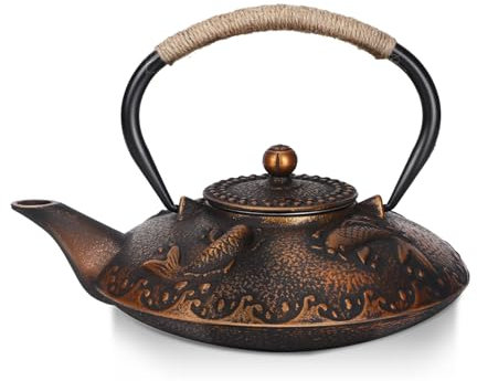 Natudeco Japanese Style Kettle 0.9L Cast Iron Koi Fish Pattern Elegant Kettle Household Handle Water Tea Pot with Lid for Collection
