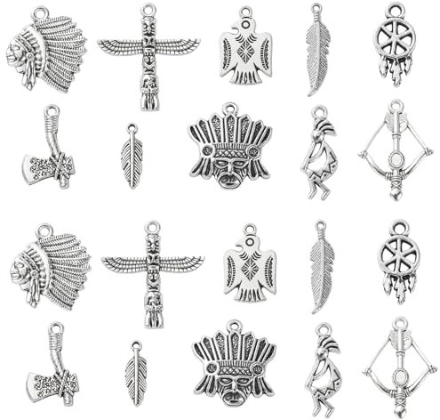 Ornazy 100 pcs 10 Styles Tibetan Indian Charms Antique Silver Indian Chief Charms Vintage Feather Thunderbird Axe Charms for Bracelet Jewellery Making